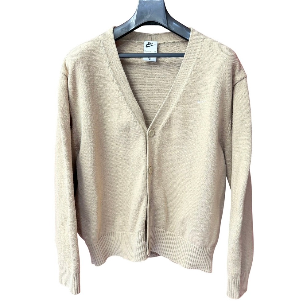 Nike Cardigan Sweater Mens XL Tan Khaki Knit V-Neck Button Front Swoosh Logo